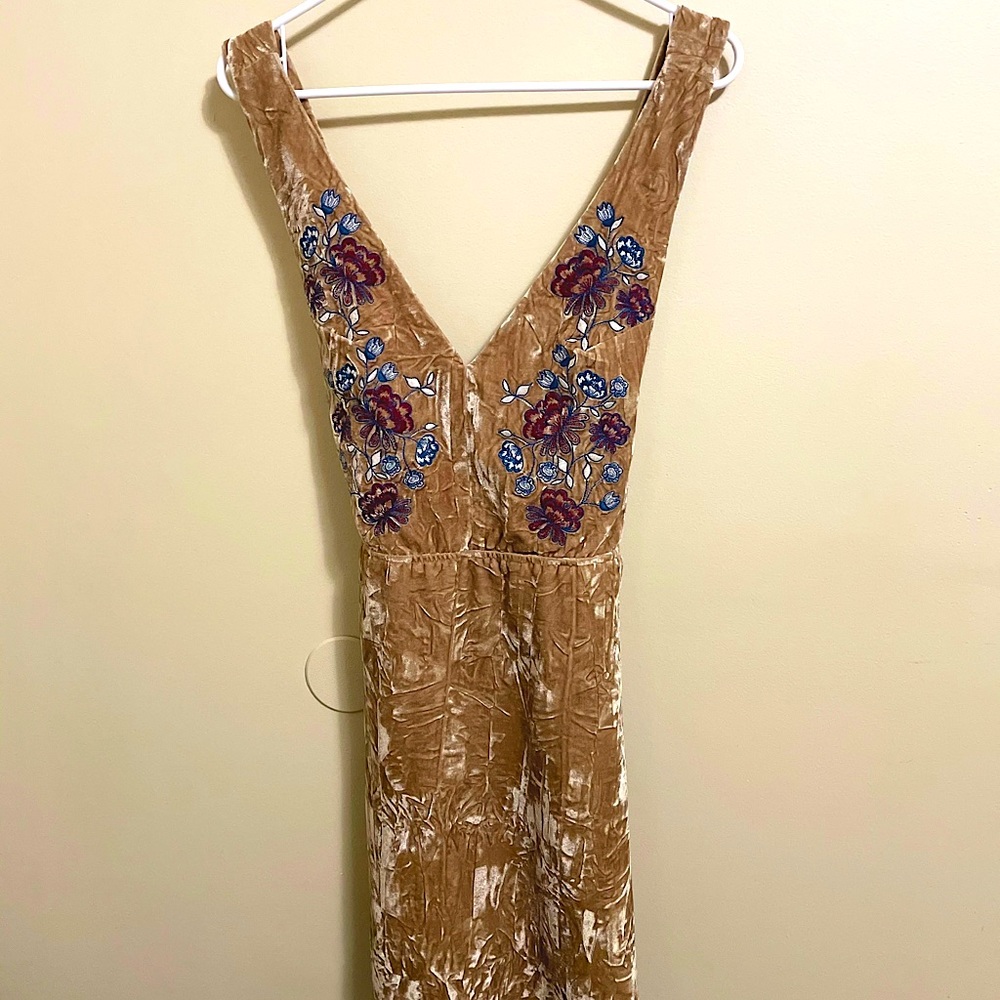 Tan velvet dress with embroidered flowers